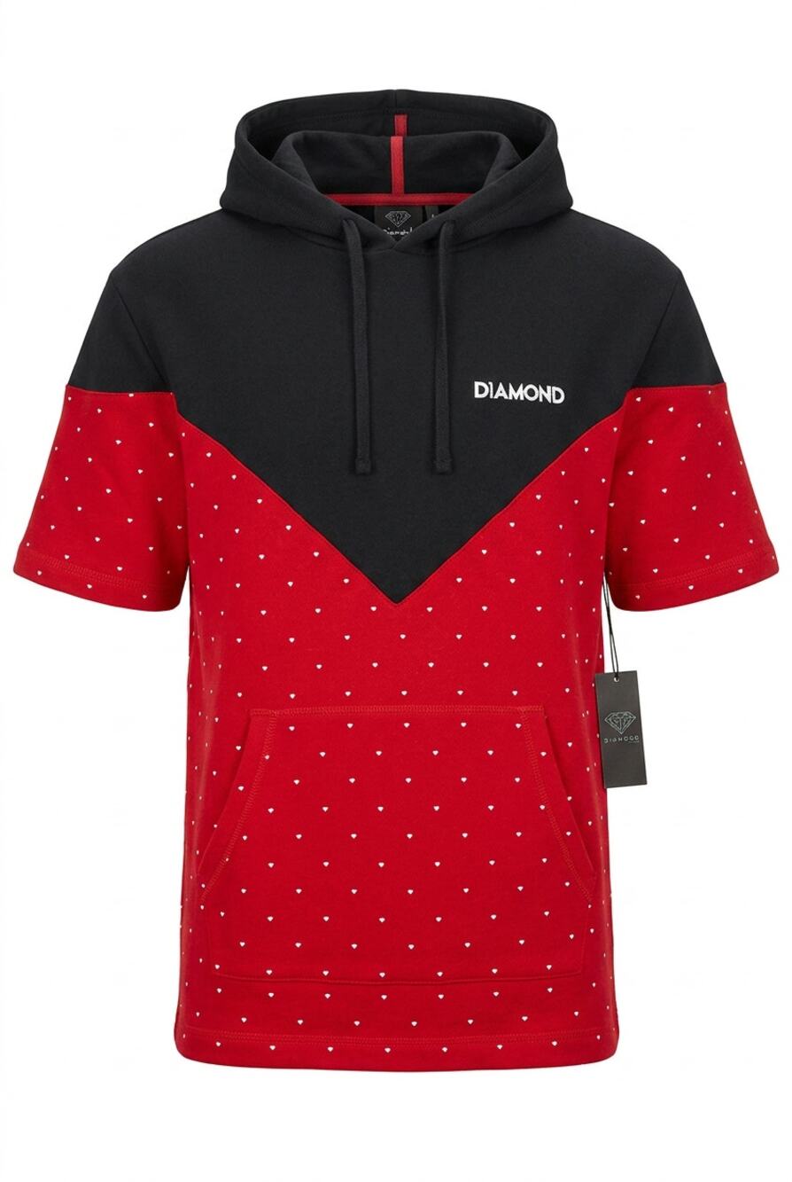 Diamond Supply Coz Short Sleeve Hoodie Black Red Micro Diamond Print Men’s M